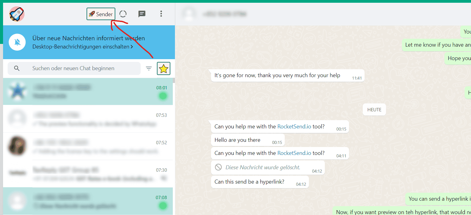 The image shows the location of the Sender button.