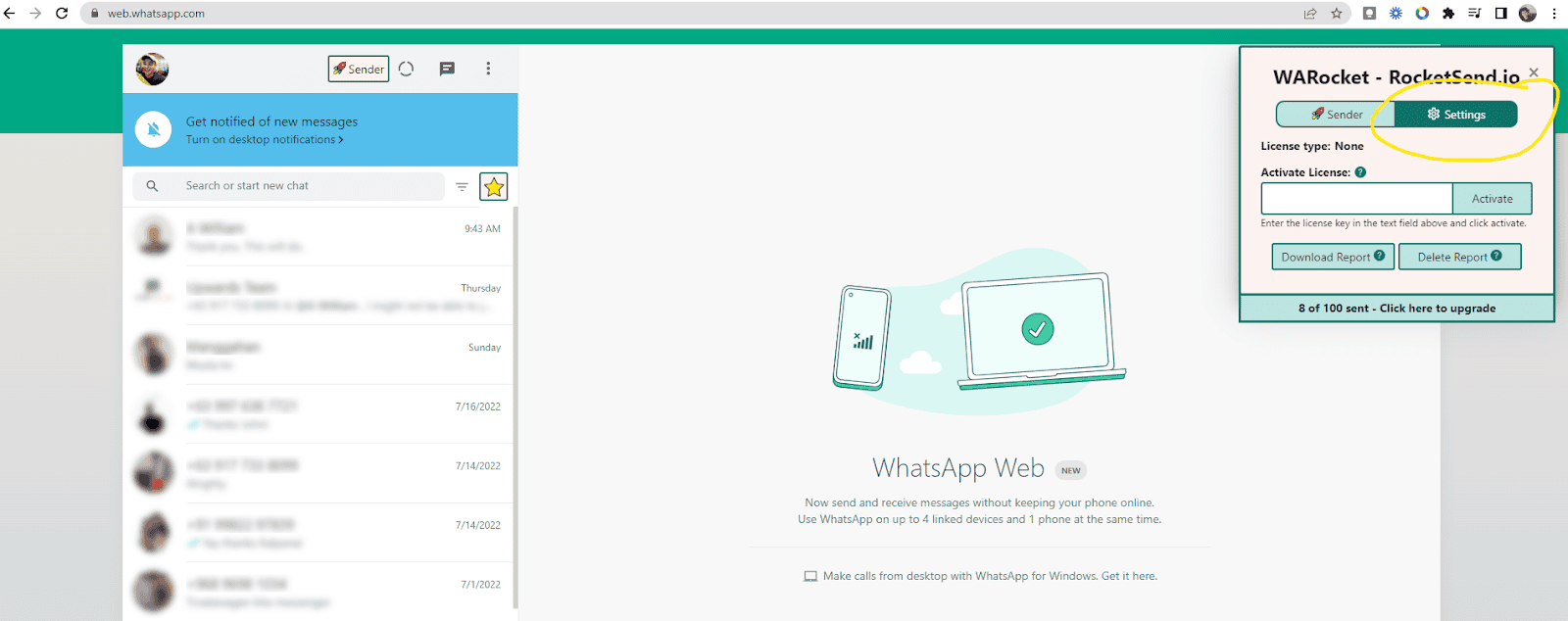 Screenshot of the 'Settings' option ofWhatsApp Sender.