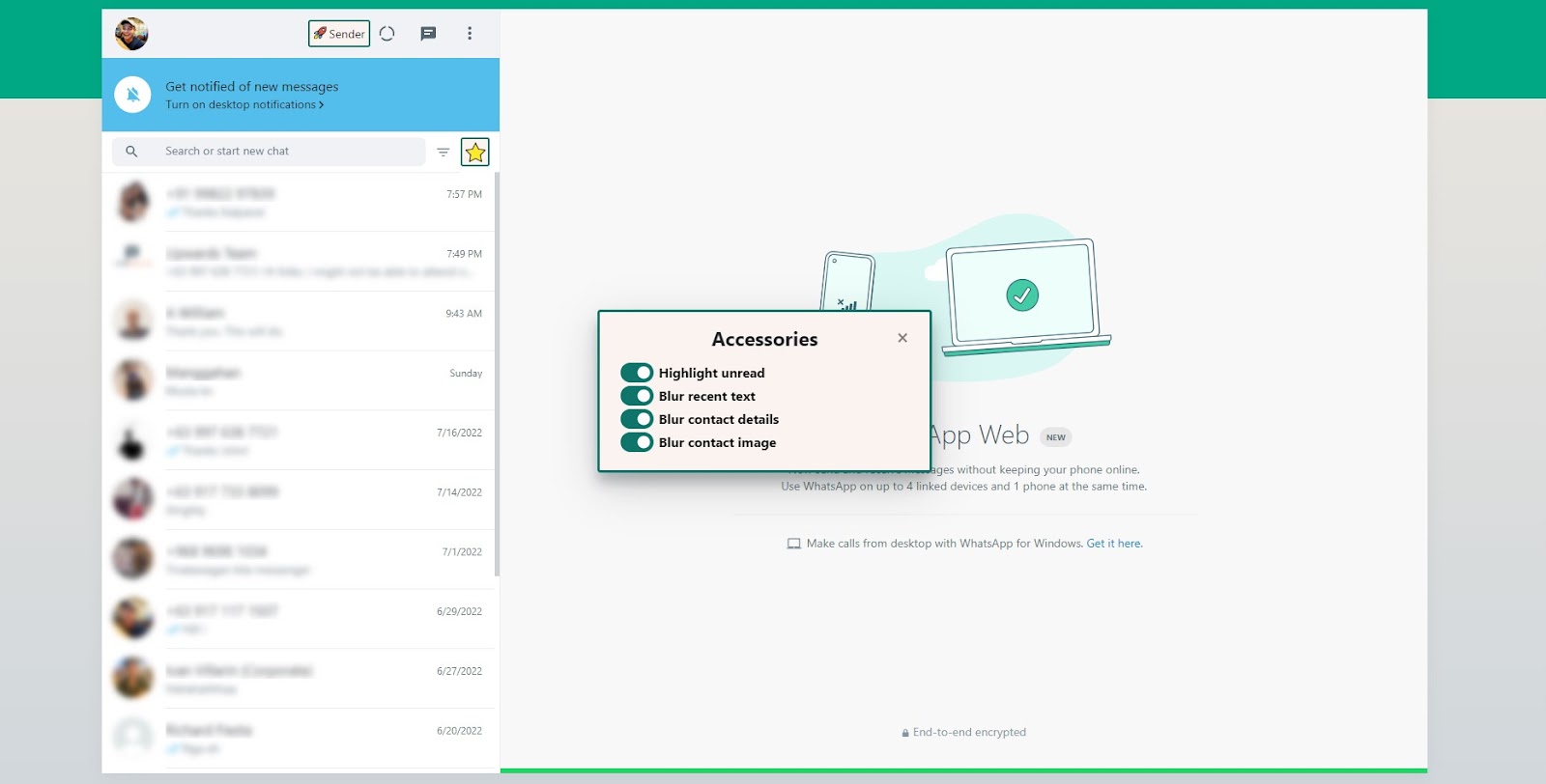 This image shows the accessories functional of WhatsApp Rocket.