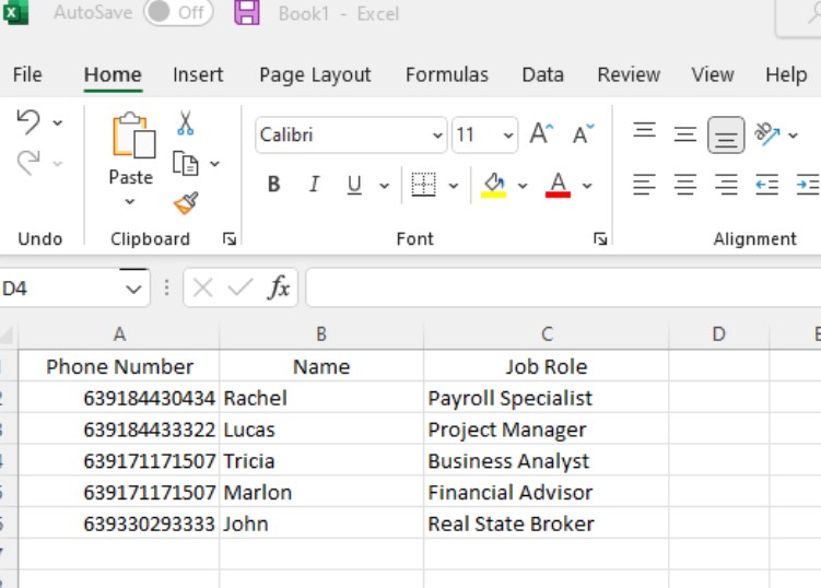 See excel sheet with the different columns.