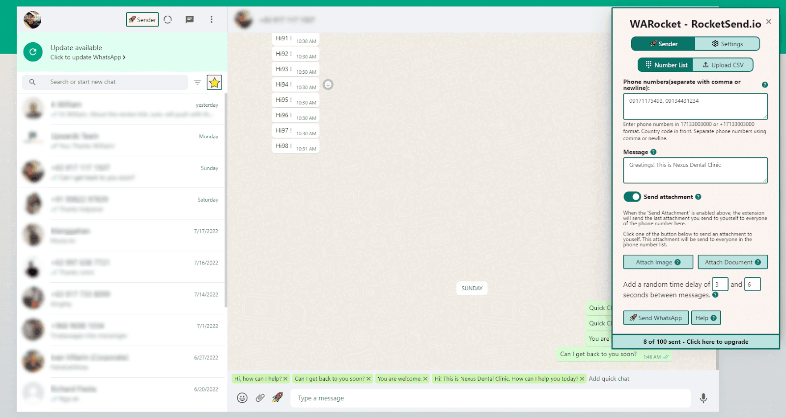 The screenshot shows how rocketsend.io looks on WhatsApp Web.