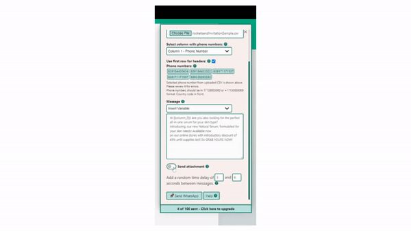 This image shows another sample of sending with CSV.