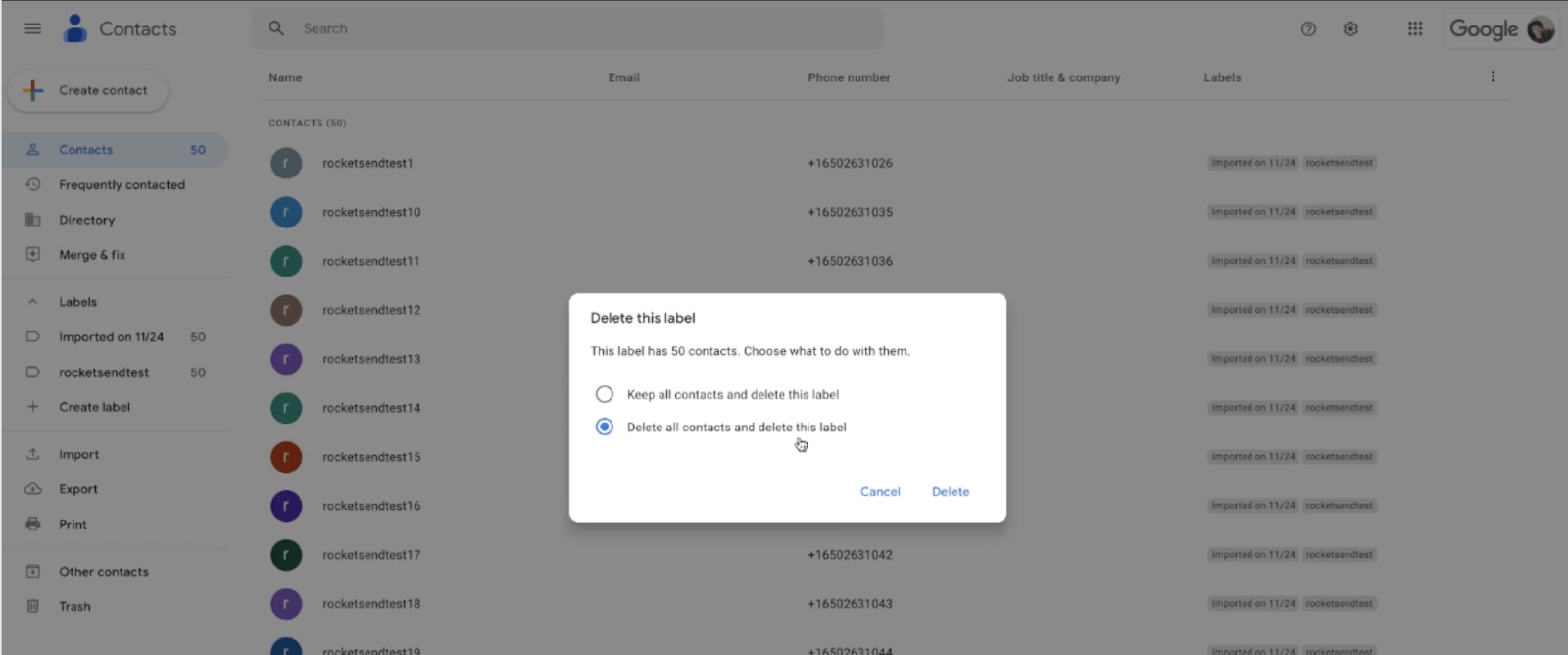The popup allows you to select to delete all numbers.