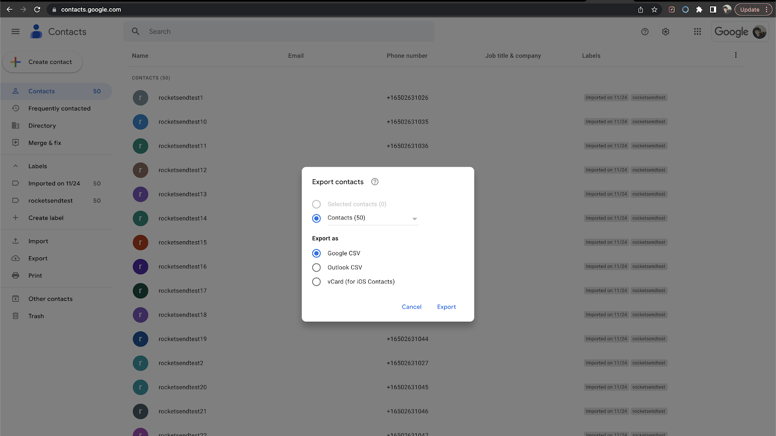 The screenshot shows how you can export the contacts.