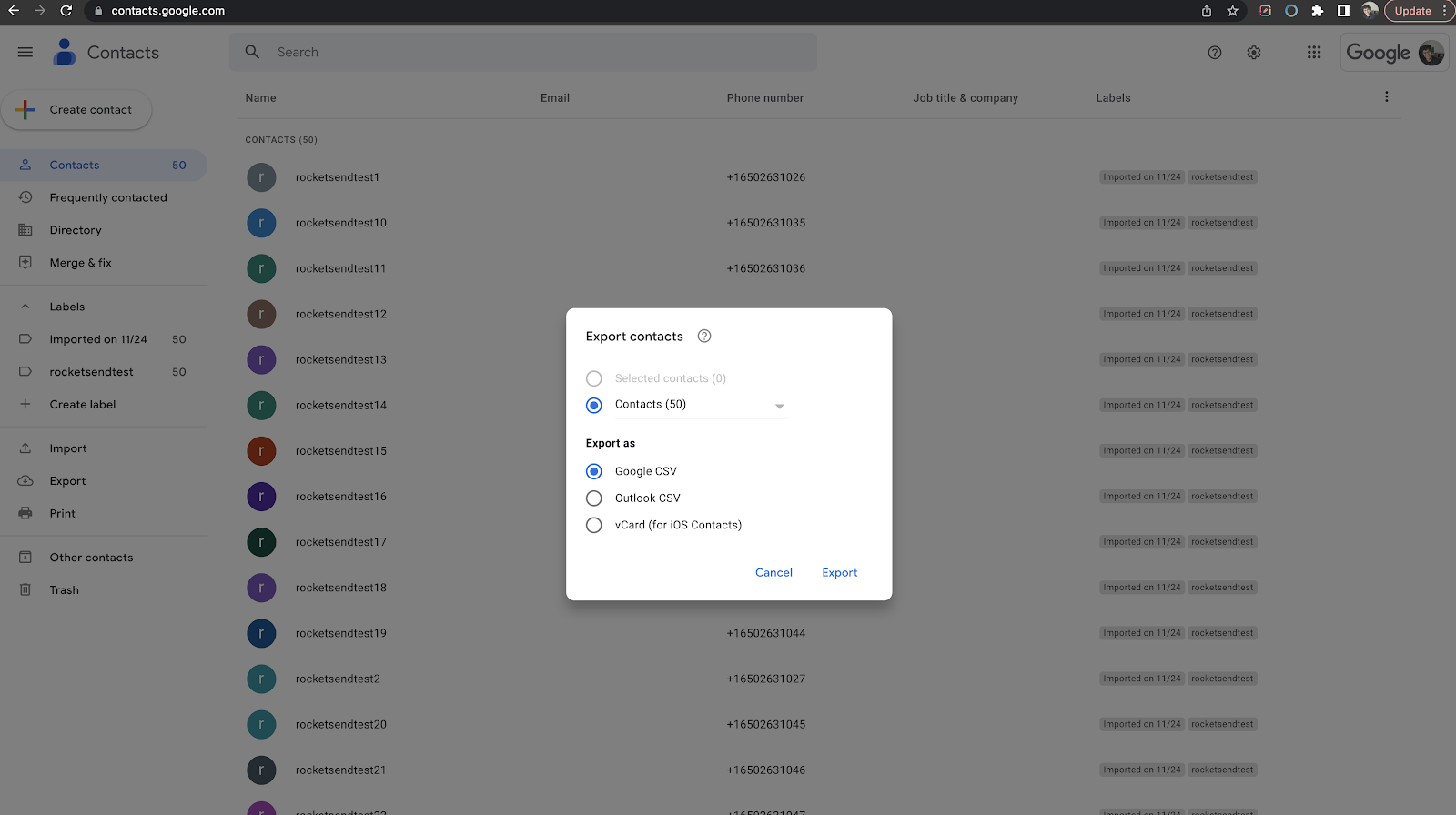The screenshot shows the option to export.