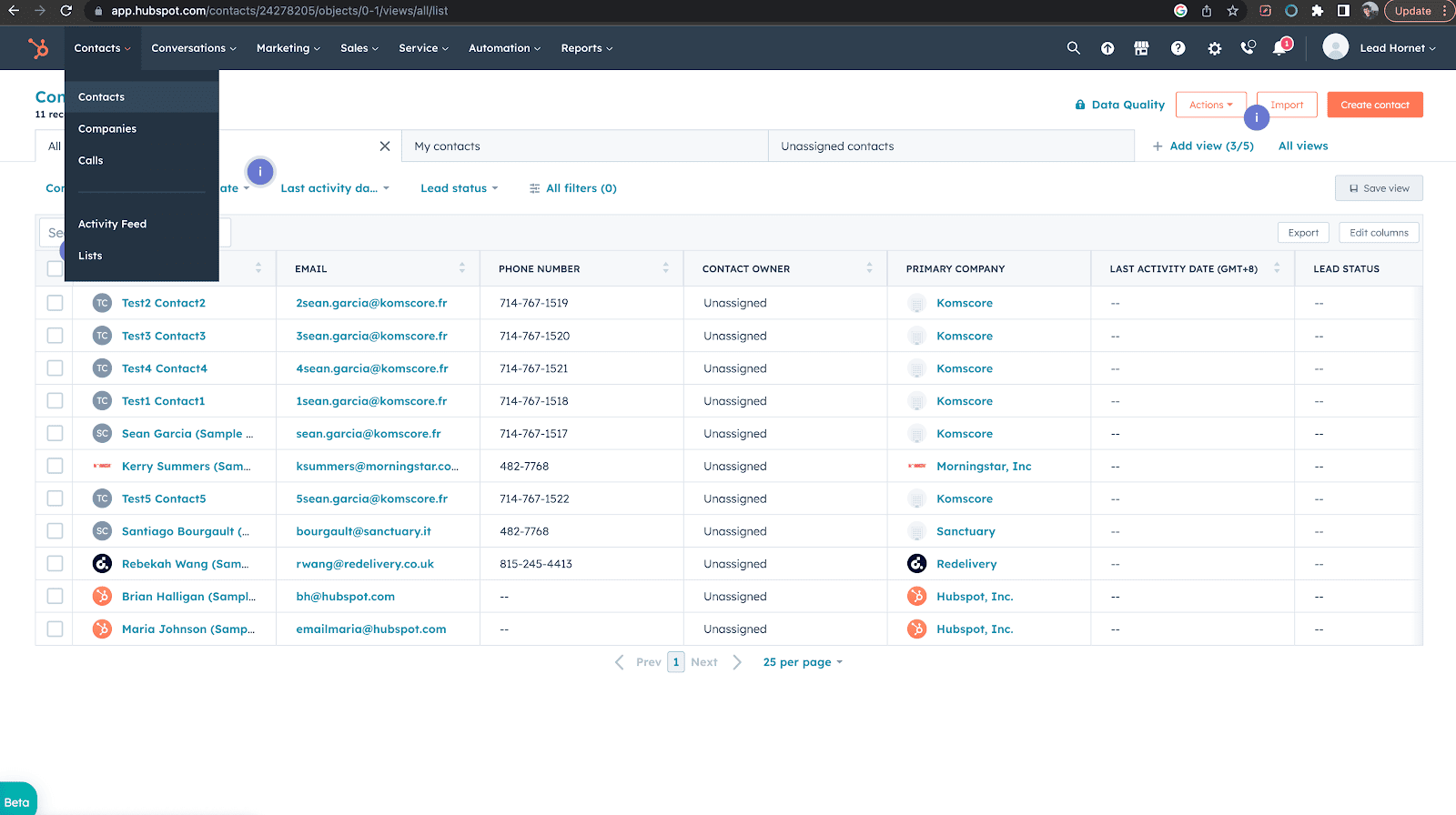 This screenshot show HubSpot contacts.