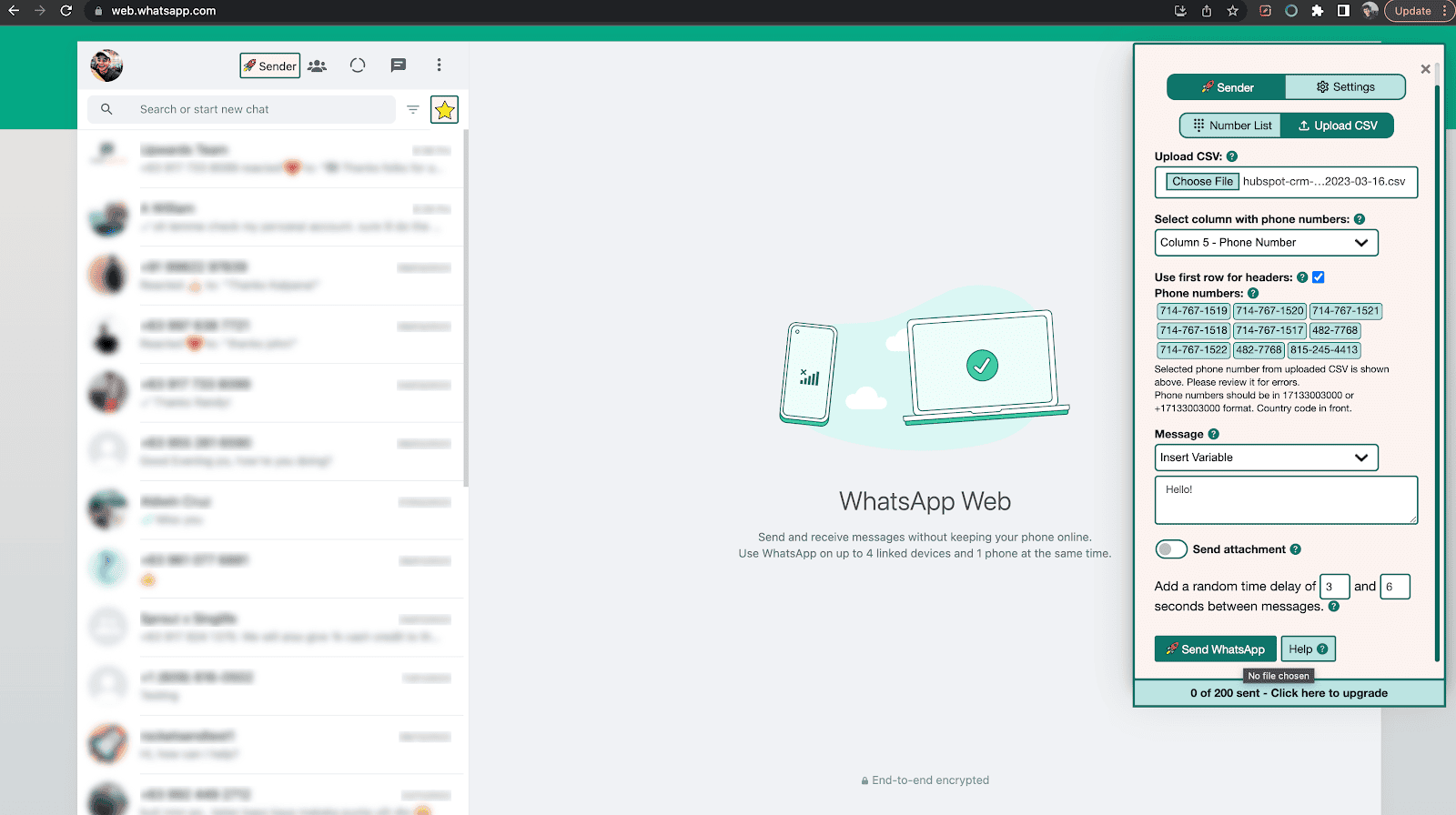 The screenshot shows importing the phone numbers to RocketSend.io.