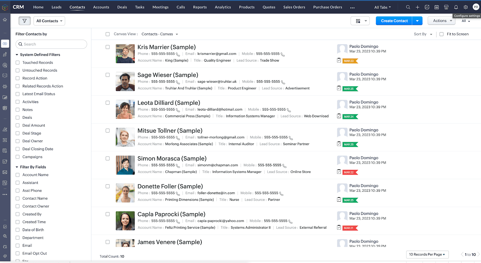 The screenshot shows the Zoho CRM where you can export the users.